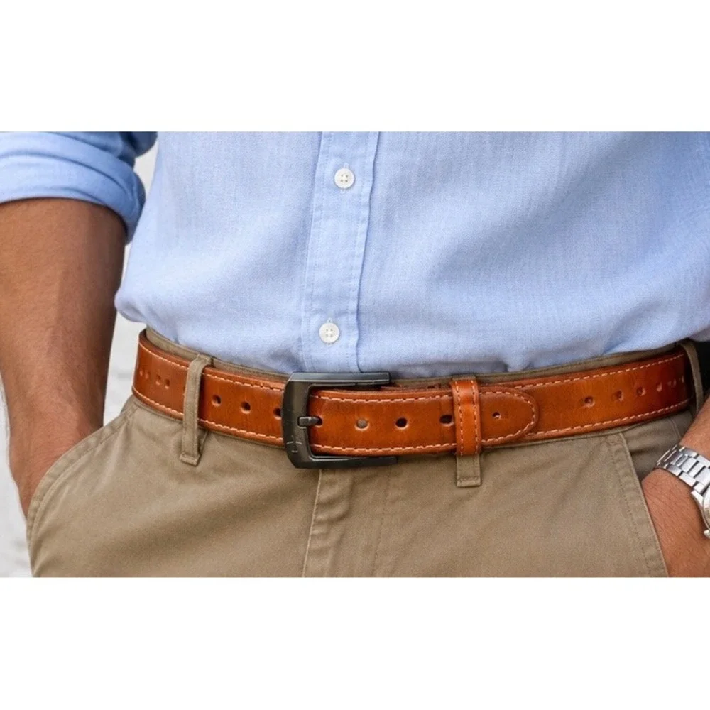 Leather Belt Brown Gunmetal Cross Buckle Casual Western Handmade Style 1.5